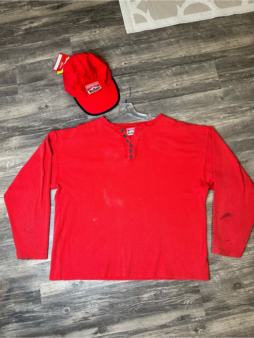 Vintage Marlboro Unlimited Adventure Team Red Henley Shirt & Hat Set Promo